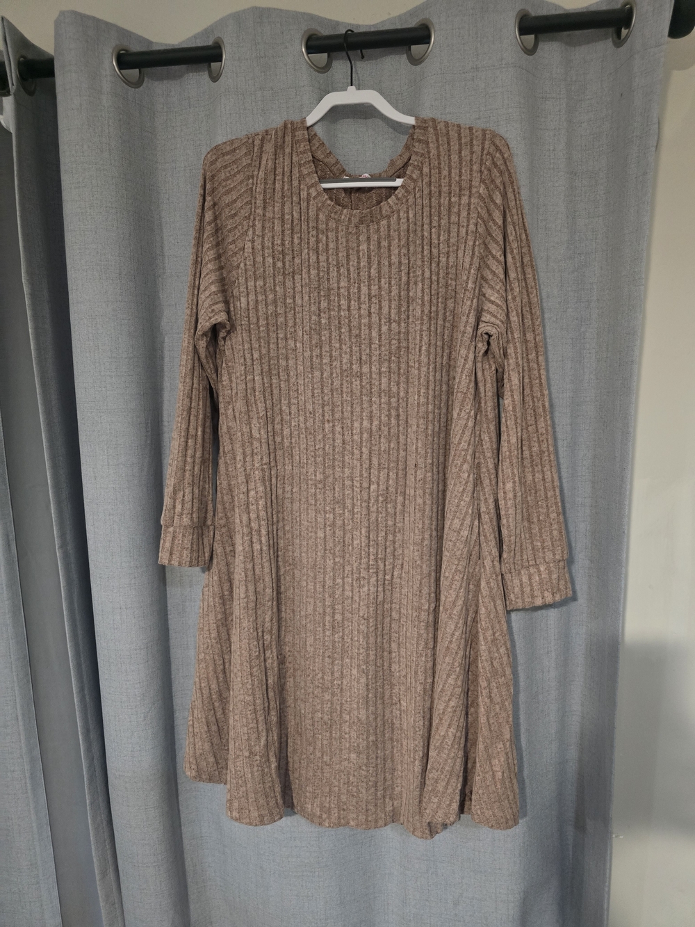 Cozy Ribbed Long-Sleeve Swing Dress in Taupe